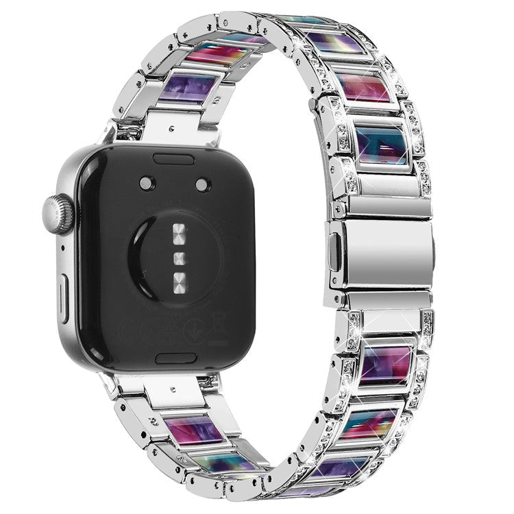 For Huawei Watch Fit 3 Metal Alloy Watch Band Rhinestones Resin Wristband Bracelet - Silver+Purple Green Mix
