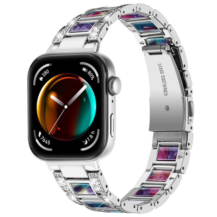 For Huawei Watch Fit 3 Metal Alloy Watch Band Rhinestones Resin Wristband Bracelet - Silver+Purple Green Mix