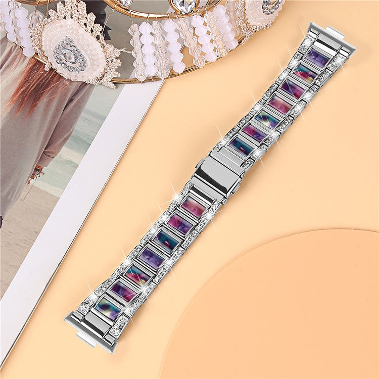 For Huawei Watch Fit 3 Metal Alloy Watch Band Rhinestones Resin Wristband Bracelet - Silver+Purple Green Mix