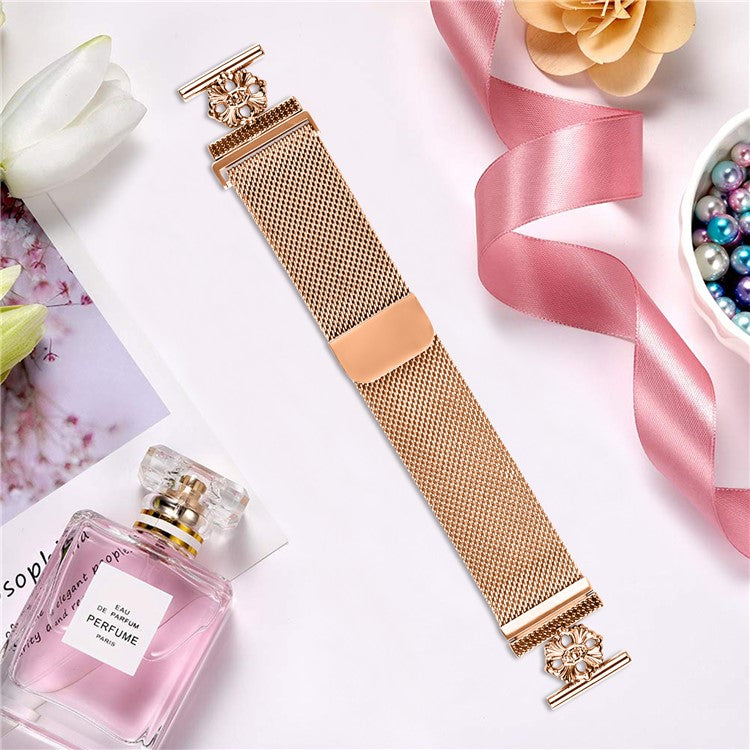 For Samsung Galaxy Watch4 Classic 42mm / 46mm Milanese Band Flower Stainless Steel Magnetic Mesh Watch Strap - Rose Gold