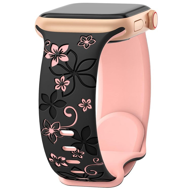 For Apple Watch 10 42mm / 9 8 7 41mm / SE (2023) SE (2022) SE 6 5 4 40mm / 3 2 1 38mm Silicone Flower Pattern Band - Black / Pink
