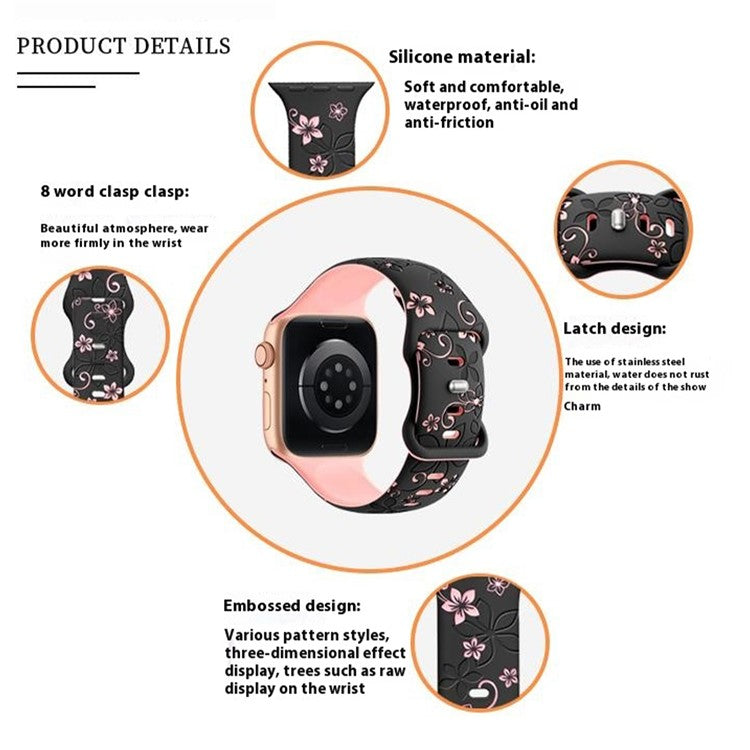 For Apple Watch 10 42mm / 9 8 7 41mm / SE (2023) SE (2022) SE 6 5 4 40mm / 3 2 1 38mm Silicone Flower Pattern Band - Black / Pink