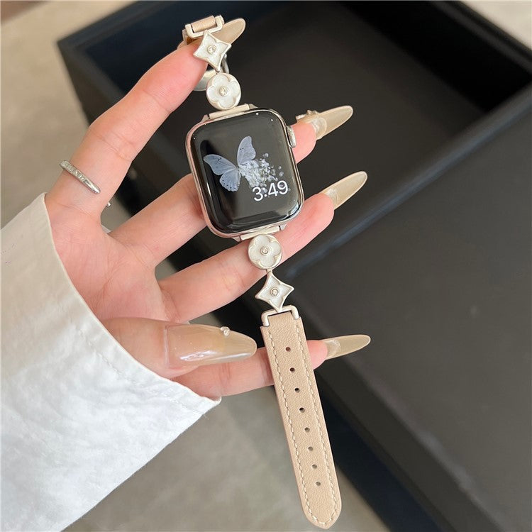 For Apple Watch 10 42mm / 9 8 7 41mm / SE (2023) SE (2022) SE 6 5 4 40mm / 3 2 1 38mm Leather Watch Band with Floral Connector - Apricot / Starlight