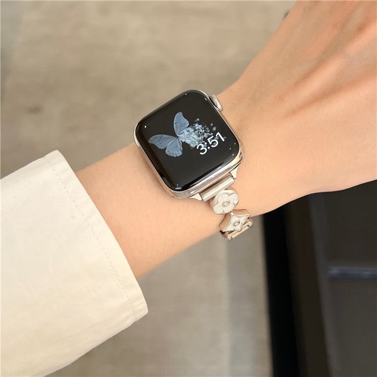 For Apple Watch 10 42mm / 9 8 7 41mm / SE (2023) SE (2022) SE 6 5 4 40mm / 3 2 1 38mm Leather Watch Band with Floral Connector - Apricot / Starlight