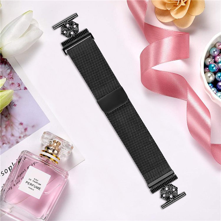 For Garmin Approach S40 / Forerunner 158 Milanese Band Flower Stainless Steel Magnetic Mesh Watch Strap - Black