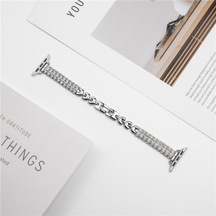 For Apple Watch Series 10 42mm / 9 8 7 41mm / SE (2023) SE (2022) SE 6 5 4 40mm / 3 2 1 38mm Double Row Rhinestones Metal Watch Strap - Silver