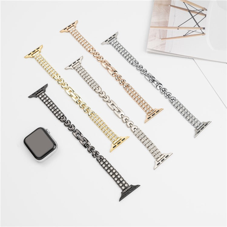 For Apple Watch Series 10 42mm / 9 8 7 41mm / SE (2023) SE (2022) SE 6 5 4 40mm / 3 2 1 38mm Double Row Rhinestones Metal Watch Strap - Silver