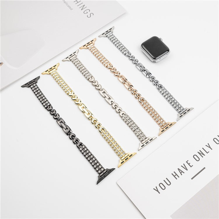 For Apple Watch Series 10 42mm / 9 8 7 41mm / SE (2023) SE (2022) SE 6 5 4 40mm / 3 2 1 38mm Double Row Rhinestones Metal Watch Strap - Silver