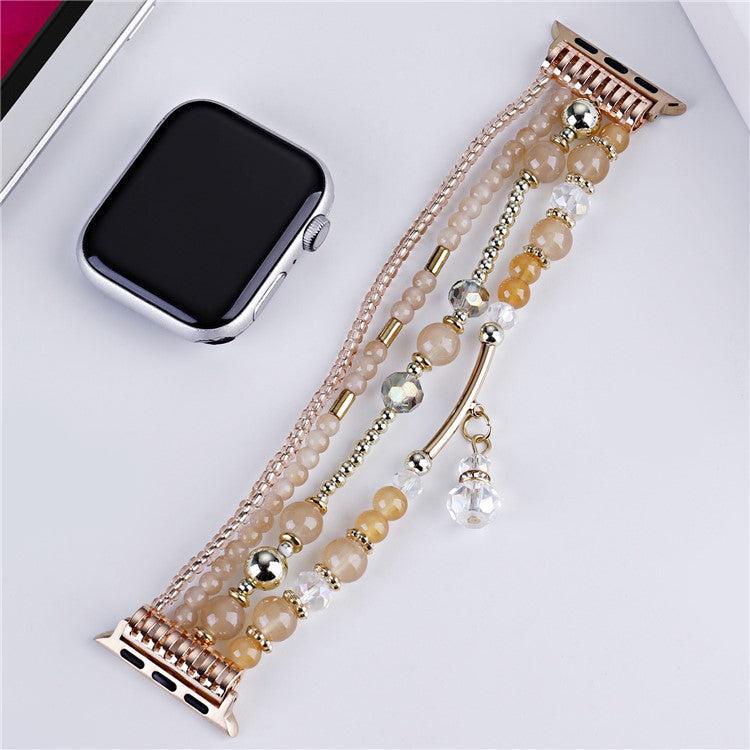 For Apple Watch Series 10 42mm / 9 8 7 41mm / SE (2023) SE (2022) SE 6 5 4 40mm / 3 2 1 38mm Four Rows Bead Chain Strap - Apricot