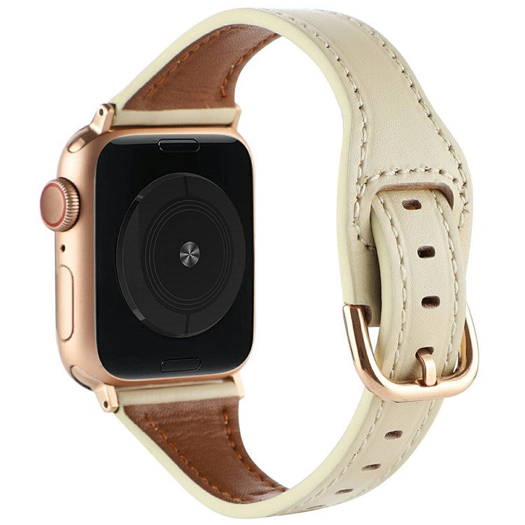 For Apple Watch Series 10 42mm / 9 8 7 41mm / SE (2023) SE (2022) SE 6 5 4 40mm / 3 2 1 38mm Genuine Cow Leather Strap - Beige+Rose Gold Buckle