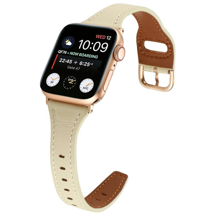 For Apple Watch Series 10 42mm / 9 8 7 41mm / SE (2023) SE (2022) SE 6 5 4 40mm / 3 2 1 38mm Genuine Cow Leather Strap - Beige+Rose Gold Buckle