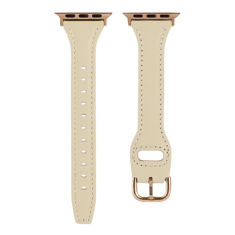 For Apple Watch Series 10 42mm / 9 8 7 41mm / SE (2023) SE (2022) SE 6 5 4 40mm / 3 2 1 38mm Genuine Cow Leather Strap - Beige+Rose Gold Buckle