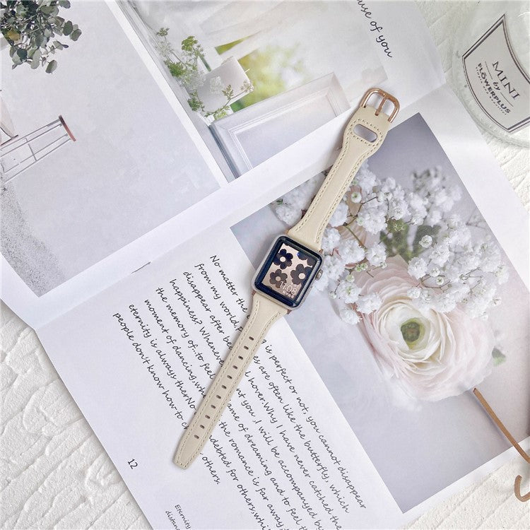 For Apple Watch Series 10 42mm / 9 8 7 41mm / SE (2023) SE (2022) SE 6 5 4 40mm / 3 2 1 38mm Genuine Cow Leather Strap - Beige+Rose Gold Buckle