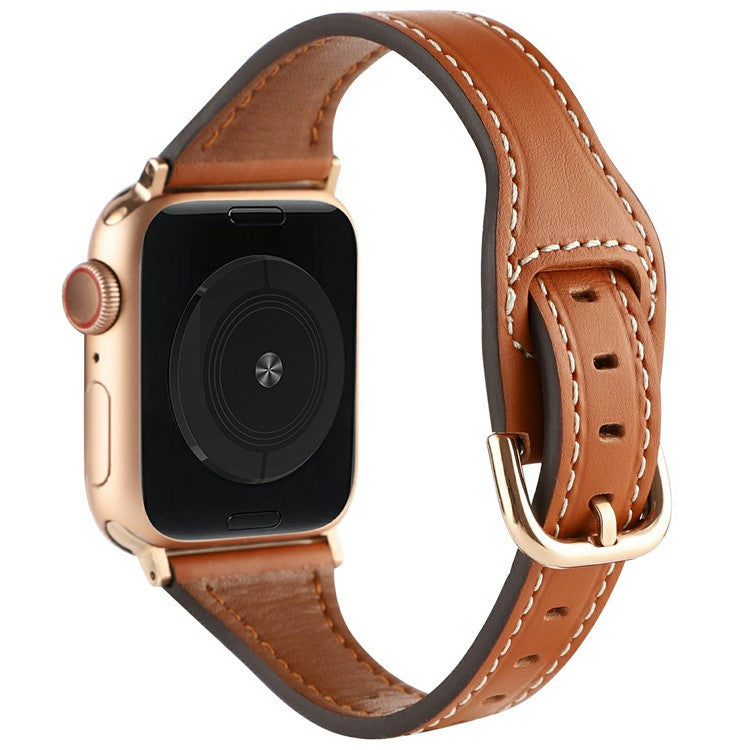 For Apple Watch Series 10 42mm / 9 8 7 41mm / SE (2023) SE (2022) SE 6 5 4 40mm / 3 2 1 38mm Genuine Cow Leather Strap - Brown+Rose Gold Buckle