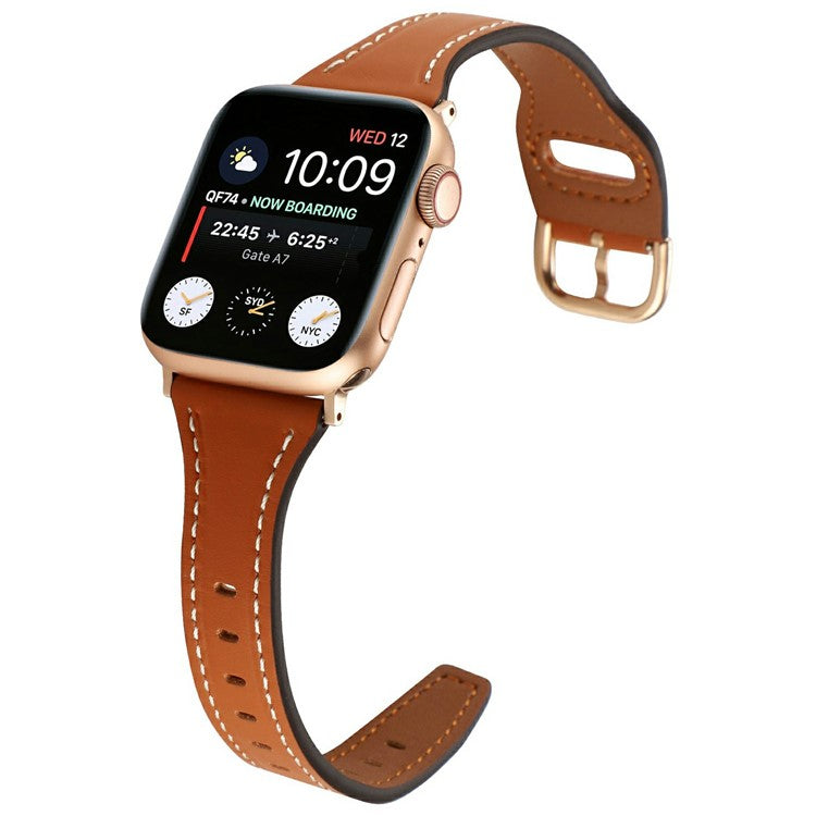 For Apple Watch Series 10 42mm / 9 8 7 41mm / SE (2023) SE (2022) SE 6 5 4 40mm / 3 2 1 38mm Genuine Cow Leather Strap - Brown+Rose Gold Buckle
