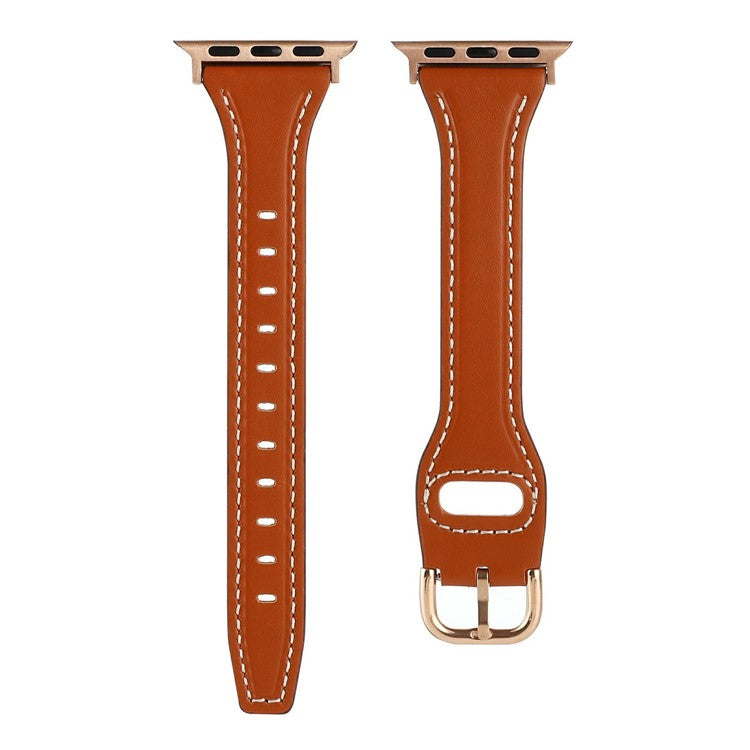 For Apple Watch Series 10 42mm / 9 8 7 41mm / SE (2023) SE (2022) SE 6 5 4 40mm / 3 2 1 38mm Genuine Cow Leather Strap - Brown+Rose Gold Buckle
