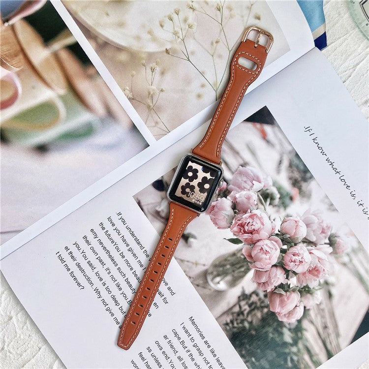 For Apple Watch Series 10 42mm / 9 8 7 41mm / SE (2023) SE (2022) SE 6 5 4 40mm / 3 2 1 38mm Genuine Cow Leather Strap - Brown+Rose Gold Buckle