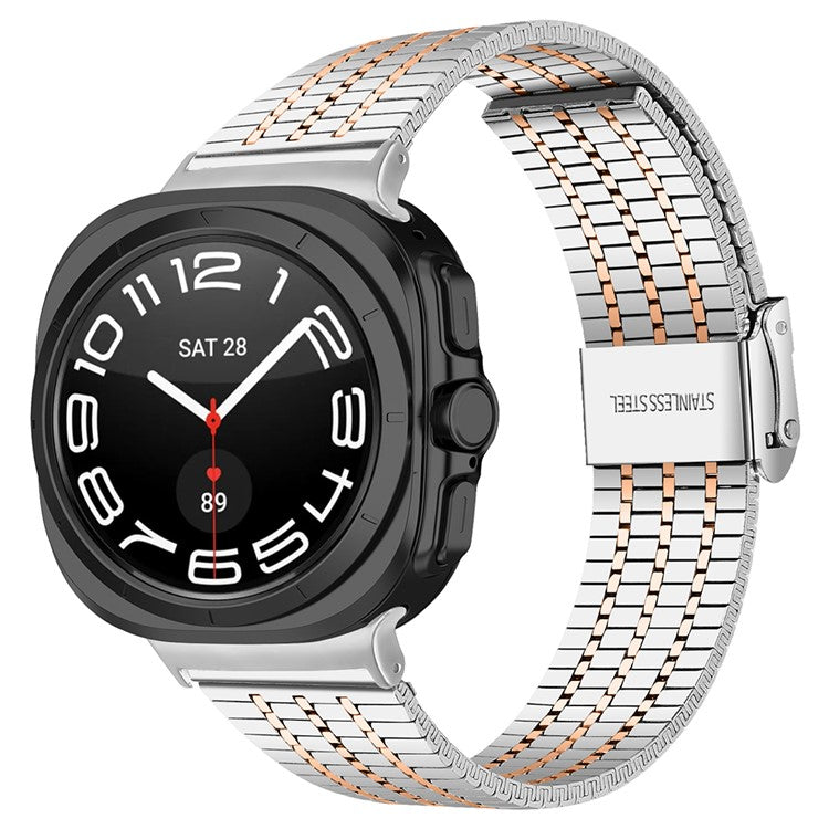 For Samsung Galaxy Watch Ultra 47mm Replacement Band with Connector 7-Bead Stainless Steel Smart Watch Strap - Silver+Rose Gold