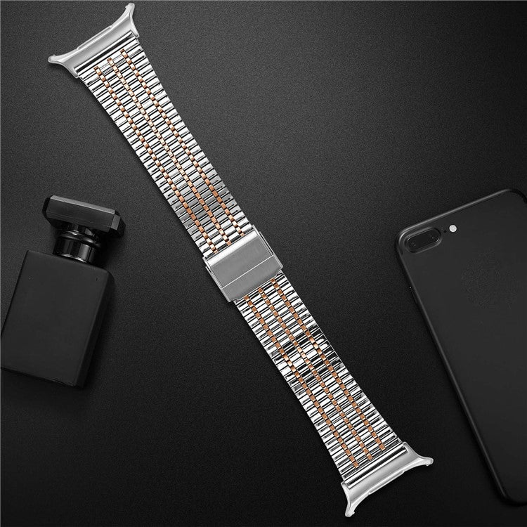 For Samsung Galaxy Watch Ultra 47mm Replacement Band with Connector 7-Bead Stainless Steel Smart Watch Strap - Silver+Rose Gold