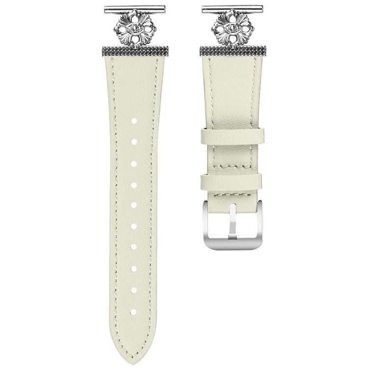 For Huami Amazfit GTR Mini Watch Band Genuine Cow Leather Flower Decor Adjustable Strap - White