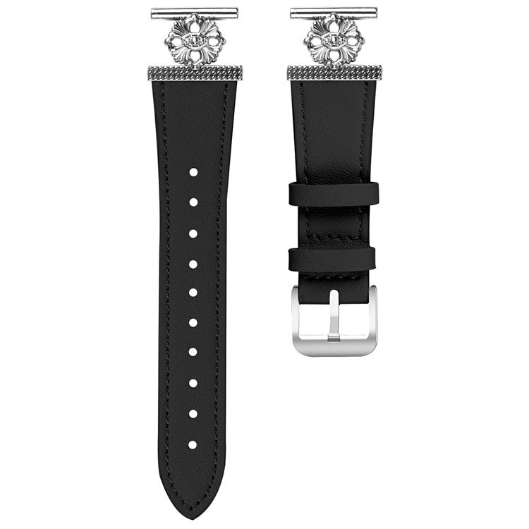 For Huami Amazfit GTS 2 Watch Band Genuine Cow Leather Flower Decor Adjustable Strap - Black