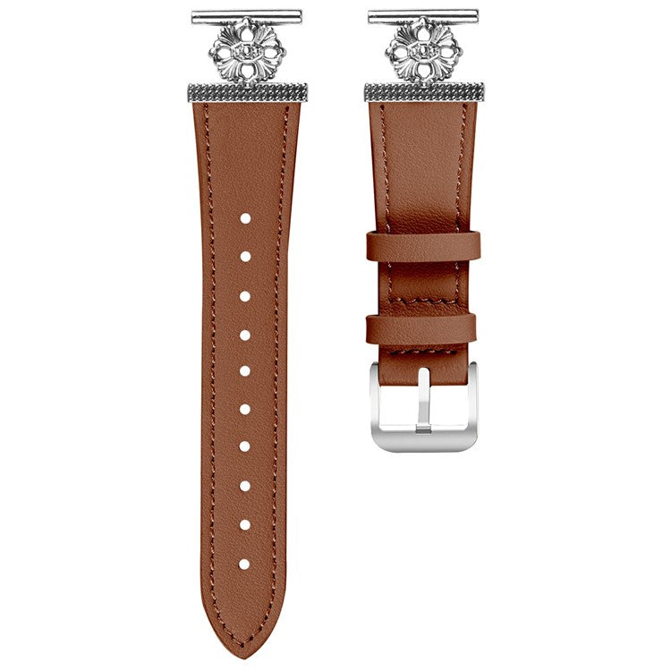 For Huawei Watch GT 3 42mm Watch Band Genuine Cow Leather Flower Decor Adjustable Strap - Brown