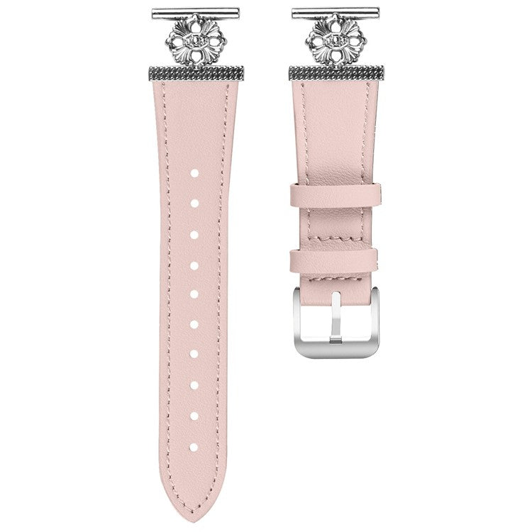 For Huawei Watch GT 3 Pro 43mm Watch Band Genuine Cow Leather Flower Decor Adjustable Strap - Pink