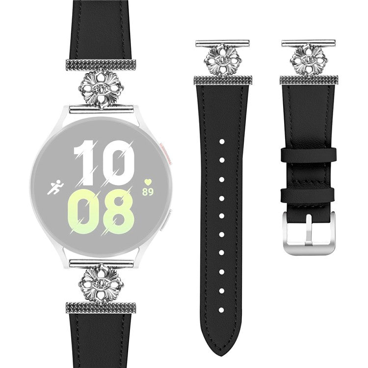 For Samsung Galaxy Watch Active 40mm Watch Band Genuine Cow Leather Flower Decor Adjustable Strap - Black