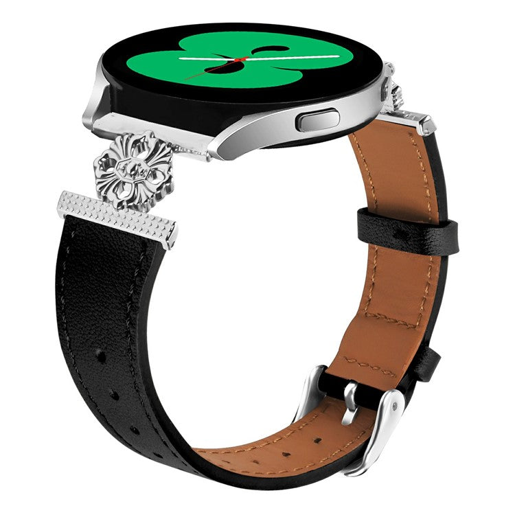For Samsung Galaxy Watch Active 40mm Watch Band Genuine Cow Leather Flower Decor Adjustable Strap - Black
