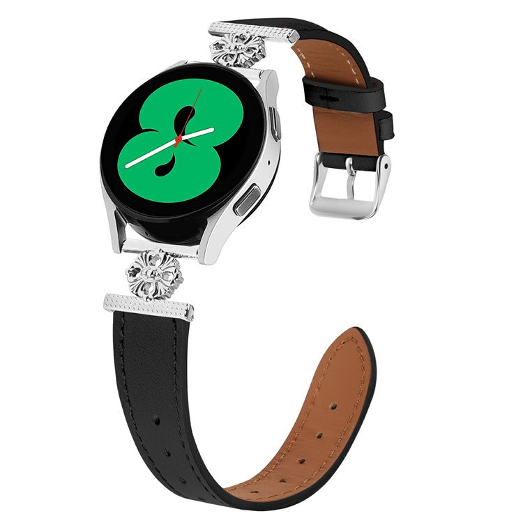 For Samsung Galaxy Watch Active 40mm Watch Band Genuine Cow Leather Flower Decor Adjustable Strap - Black