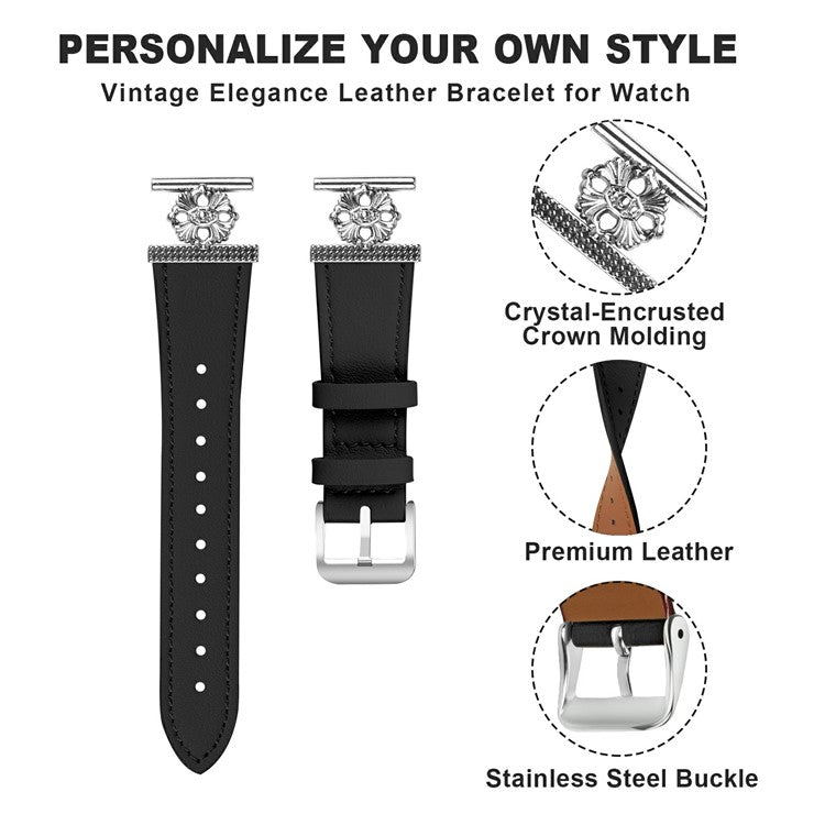 For Samsung Galaxy Watch Active 40mm Watch Band Genuine Cow Leather Flower Decor Adjustable Strap - Black