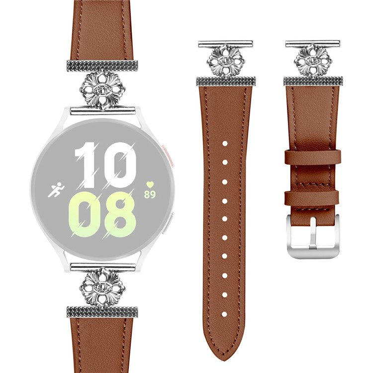 For Samsung Galaxy Watch4 40mm / 44mm Watch Band Genuine Cow Leather Flower Decor Adjustable Strap - Brown