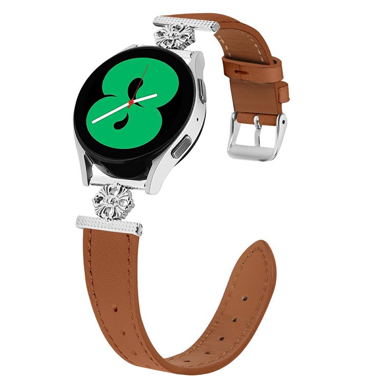 For Samsung Galaxy Watch4 40mm / 44mm Watch Band Genuine Cow Leather Flower Decor Adjustable Strap - Brown