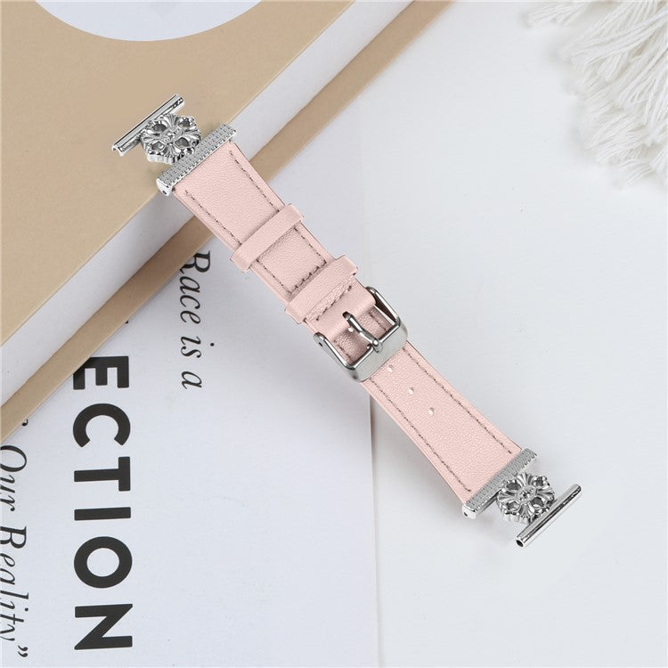 For Garmin Vivomove 3 / GarminMove 3 Watch Band Genuine Cow Leather Flower Decor Adjustable Strap - Pink