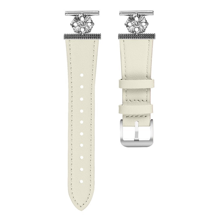 For Garmin Vivomove Luxe / GarminMove Luxe Watch Band Genuine Cow Leather Flower Decor Adjustable Strap - White