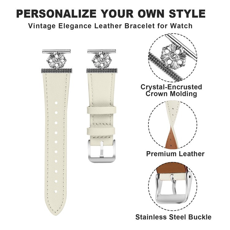 For Garmin Vivomove Luxe / GarminMove Luxe Watch Band Genuine Cow Leather Flower Decor Adjustable Strap - White