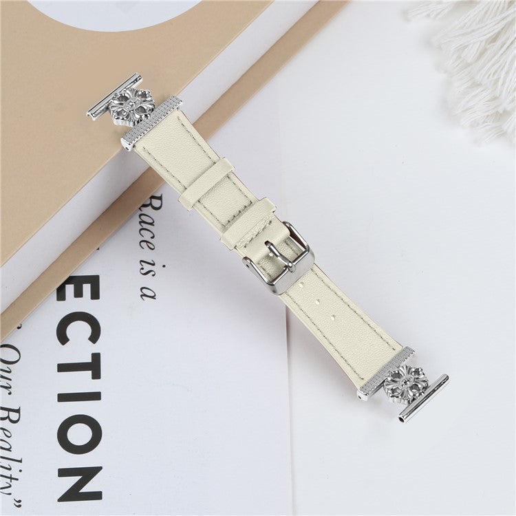 For Garmin Vivomove Luxe / GarminMove Luxe Watch Band Genuine Cow Leather Flower Decor Adjustable Strap - White