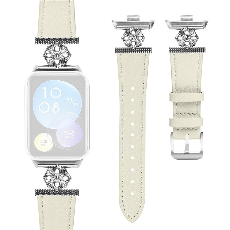 For Xiaomi Smart Band 8 Pro Watch Band Genuine Cow Leather Flower Decor Adjustable Strap - White