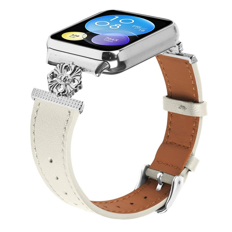 For Xiaomi Smart Band 8 Pro Watch Band Genuine Cow Leather Flower Decor Adjustable Strap - White