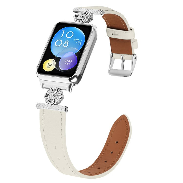 For Xiaomi Smart Band 8 Pro Watch Band Genuine Cow Leather Flower Decor Adjustable Strap - White