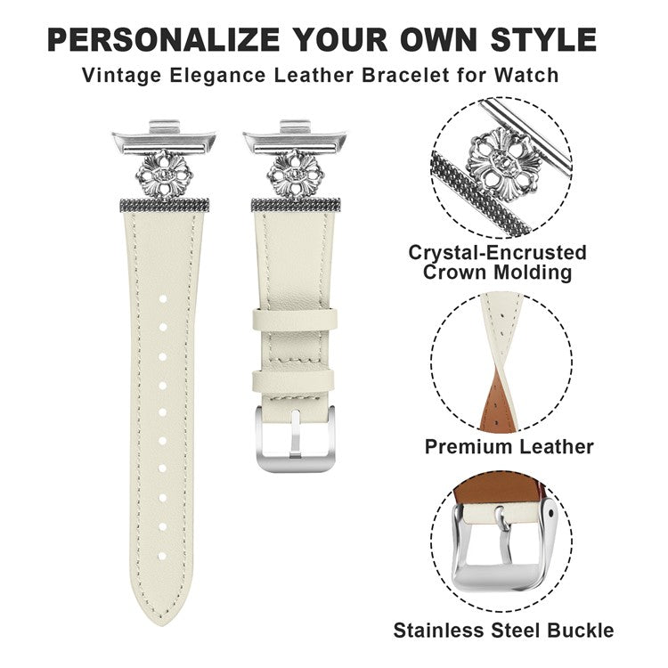 For Xiaomi Smart Band 8 Pro Watch Band Genuine Cow Leather Flower Decor Adjustable Strap - White