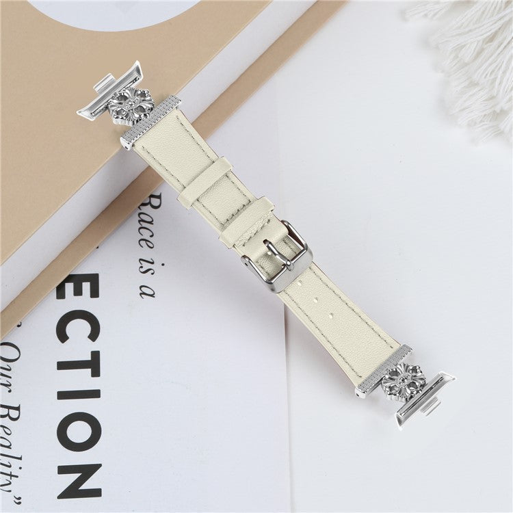 For Xiaomi Smart Band 8 Pro Watch Band Genuine Cow Leather Flower Decor Adjustable Strap - White