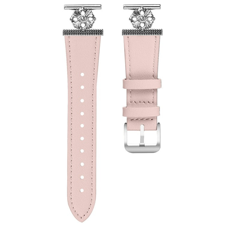 For Huami Amazfit Bip U Watch Band Genuine Cow Leather Flower Decor Adjustable Strap - Pink
