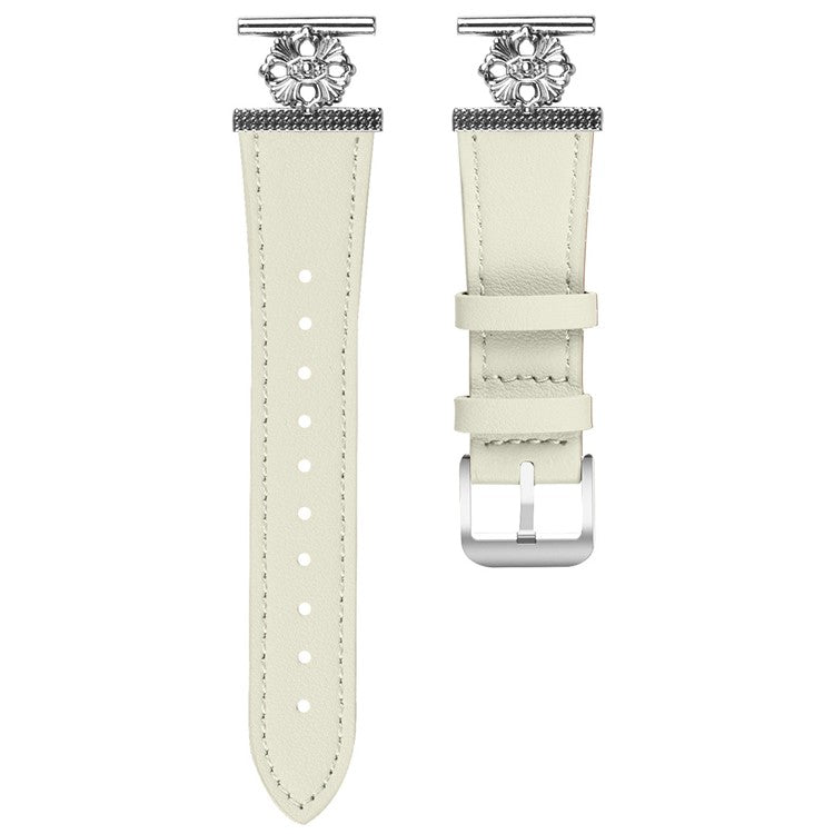 For TicWatch GTH Watch Band Genuine Cow Leather Flower Decor Adjustable Strap - White
