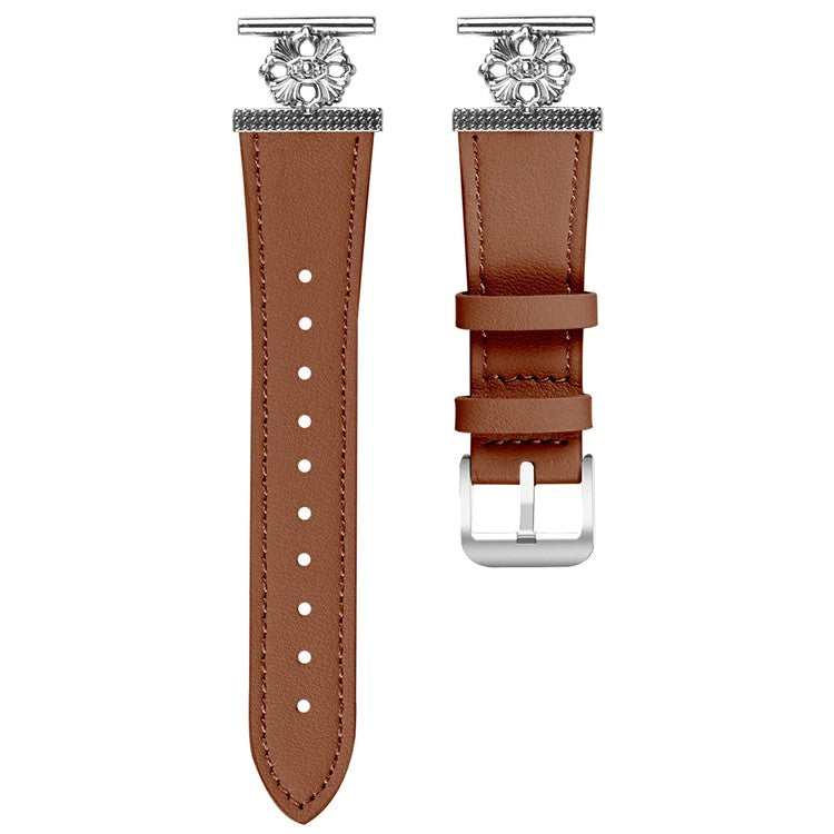 For Verizon Gizmo Watch 1 (Men Version) Watch Band Genuine Cow Leather Flower Decor Adjustable Strap - Brown