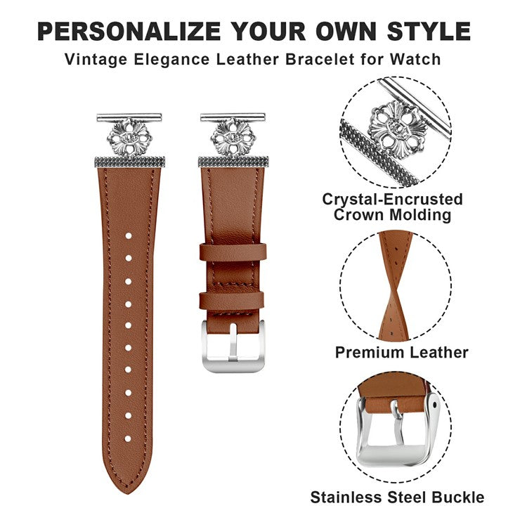 For Verizon Gizmo Watch 1 (Men Version) Watch Band Genuine Cow Leather Flower Decor Adjustable Strap - Brown