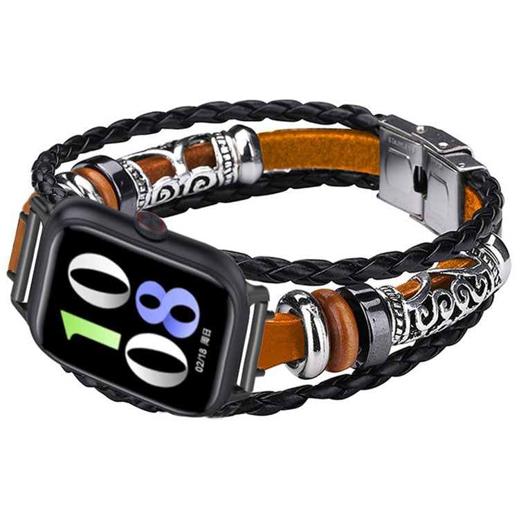 20mm Ethnic Band Bracelet for Samsung Galaxy Watch FE 40mm / Watch7 44mm / 40mm Leather+Metal Wrist Strap - Brown