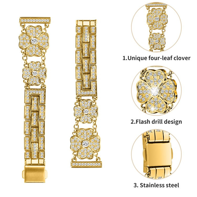 For Samsung Galaxy Watch7 44mm / 40mm Watch Band Four Leaf Clover Rhinestone Decor Smart Watch Strap - Gold