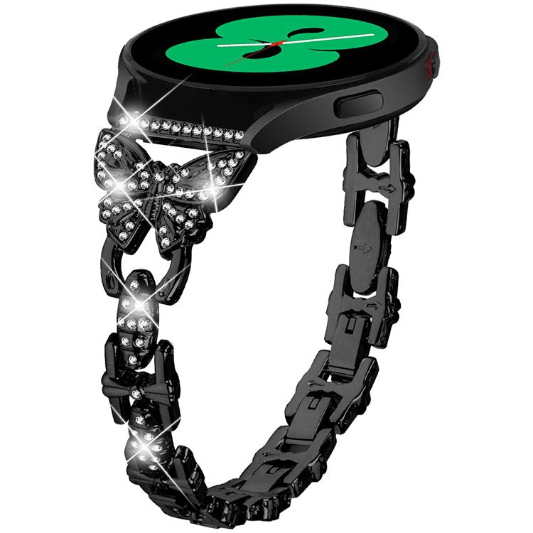 For Samsung Galaxy Watch7 44mm / 40mm Butterfly Bling Rhinestone Decor Watch Band Metal Bracelet - Black