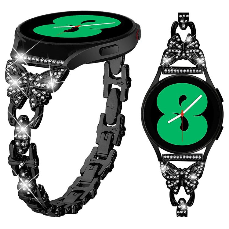 For Samsung Galaxy Watch7 44mm / 40mm Butterfly Bling Rhinestone Decor Watch Band Metal Bracelet - Black